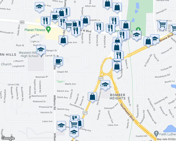map of restaurants, bars, coffee shops, grocery stores, and more near 7600 Chapin Road in Fort Worth