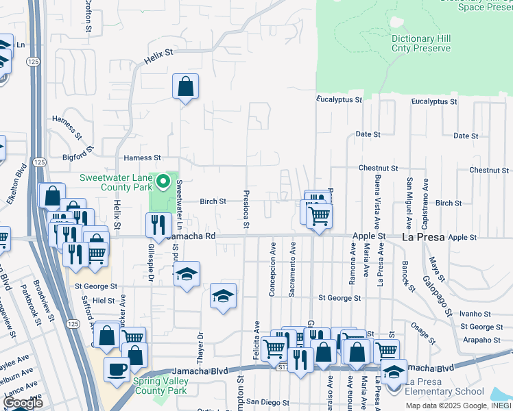 map of restaurants, bars, coffee shops, grocery stores, and more near 9215 Birch Street in Spring Valley