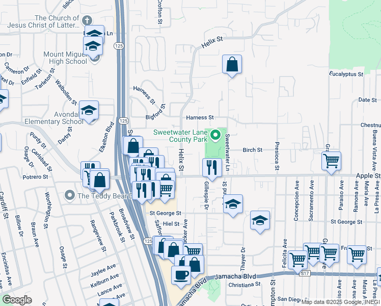 map of restaurants, bars, coffee shops, grocery stores, and more near 1223 Helix Street in Spring Valley