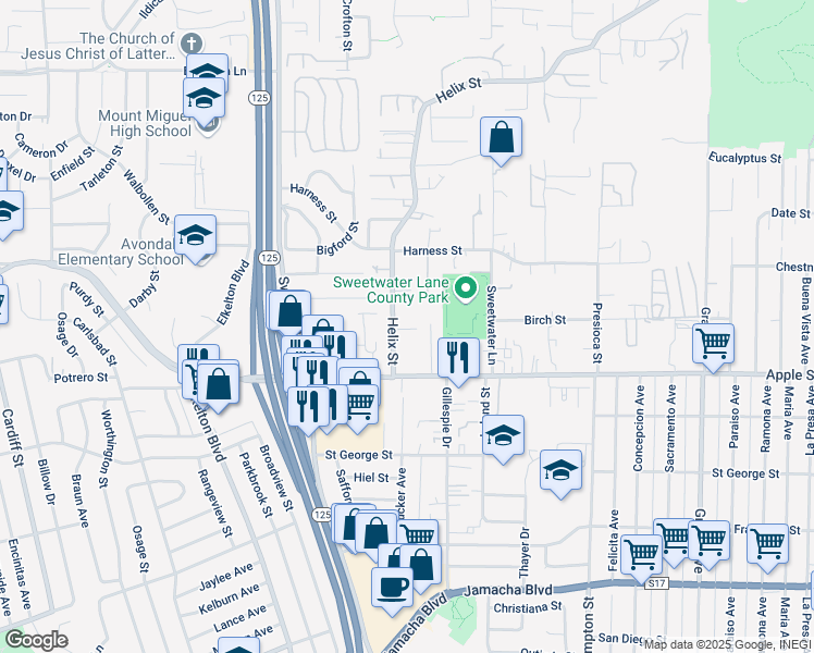 map of restaurants, bars, coffee shops, grocery stores, and more near 1223 Helix Street in Spring Valley