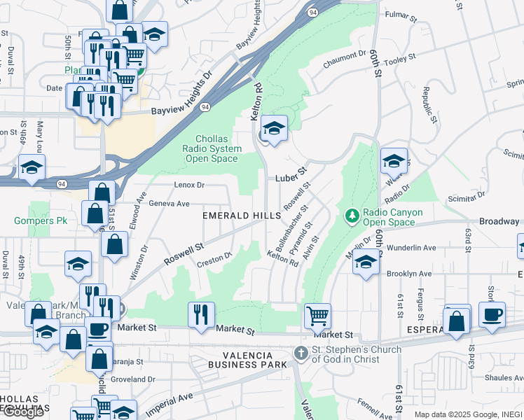 map of restaurants, bars, coffee shops, grocery stores, and more near 1024 Kelton Road in San Diego