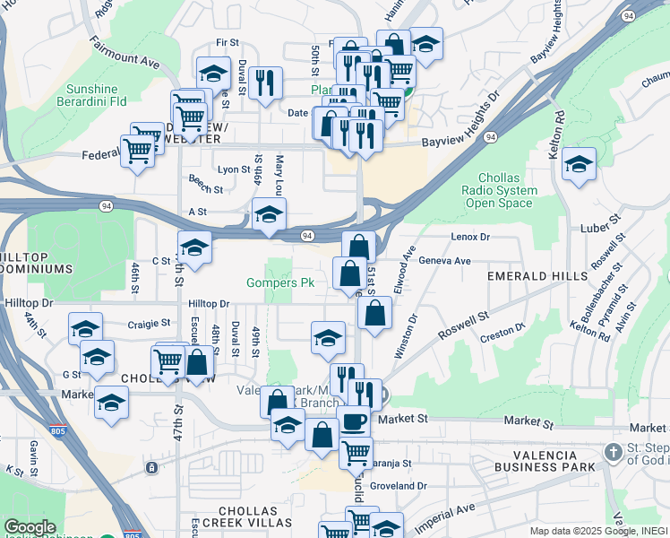 map of restaurants, bars, coffee shops, grocery stores, and more near 1036 Euclid Avenue in San Diego