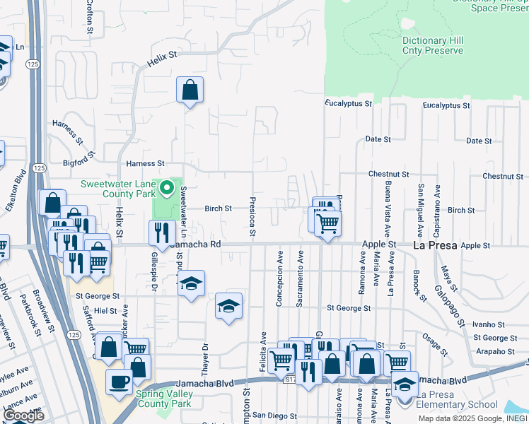 map of restaurants, bars, coffee shops, grocery stores, and more near 9215 Birch Street in Spring Valley