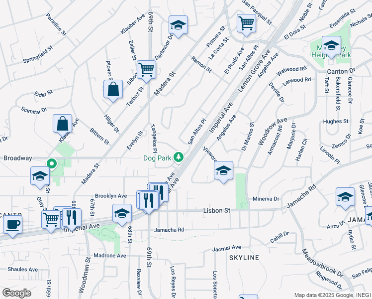 map of restaurants, bars, coffee shops, grocery stores, and more near 6980 Avalon Way in Lemon Grove