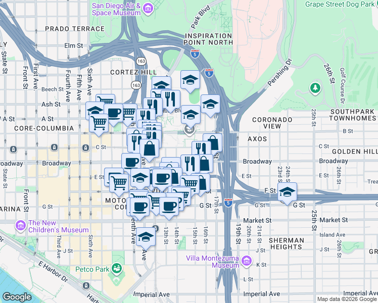 map of restaurants, bars, coffee shops, grocery stores, and more near 1465 C Street in San Diego