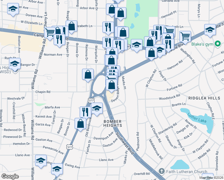 map of restaurants, bars, coffee shops, grocery stores, and more near 3813 Southwest Boulevard in Fort Worth