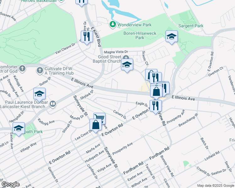 map of restaurants, bars, coffee shops, grocery stores, and more near 2632 East Illinois Avenue in Dallas