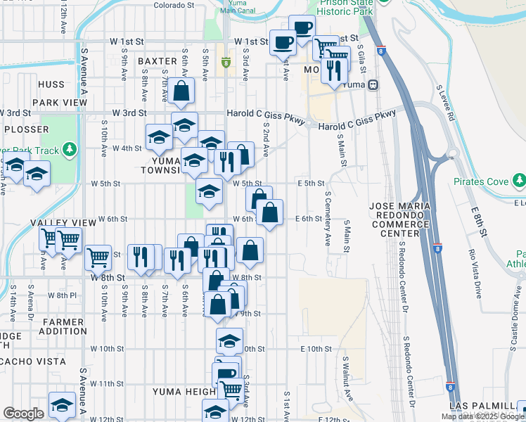 map of restaurants, bars, coffee shops, grocery stores, and more near 598 South 2nd Avenue in Yuma