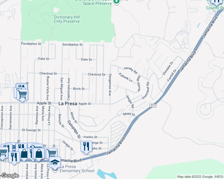 map of restaurants, bars, coffee shops, grocery stores, and more near 9901 Javelin Way in Spring Valley