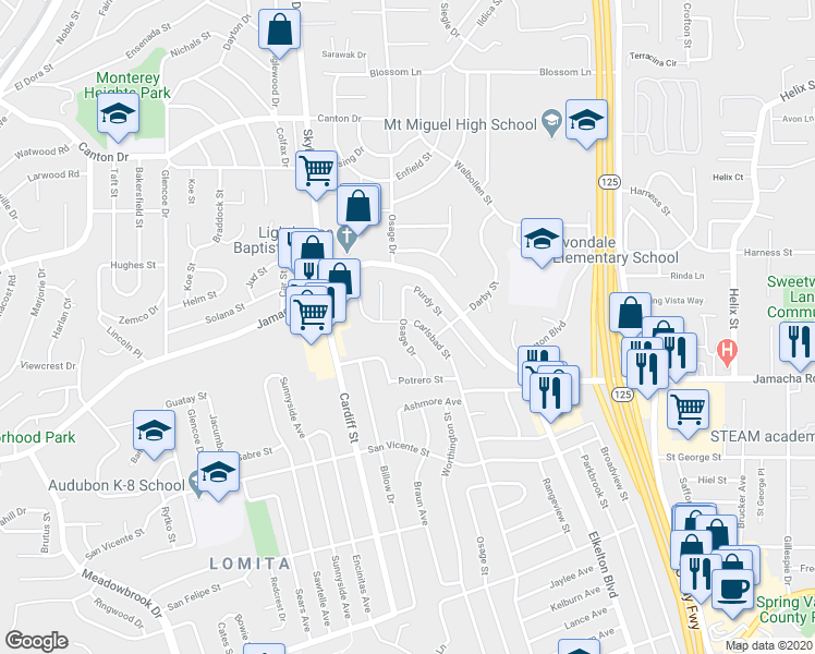 map of restaurants, bars, coffee shops, grocery stores, and more near 1071 Osage Drive in Spring Valley