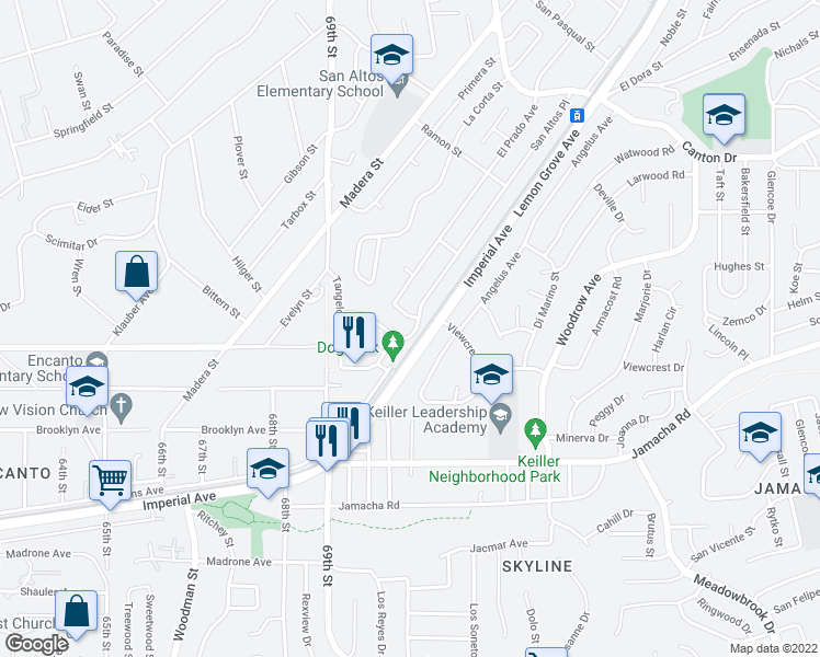 map of restaurants, bars, coffee shops, grocery stores, and more near 6980 Avalon Way in Lemon Grove