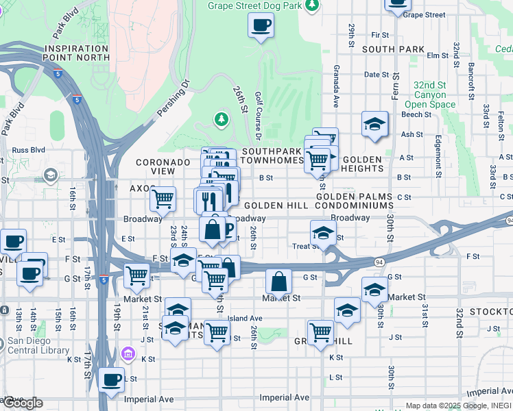 map of restaurants, bars, coffee shops, grocery stores, and more near 1035 26th Street in San Diego