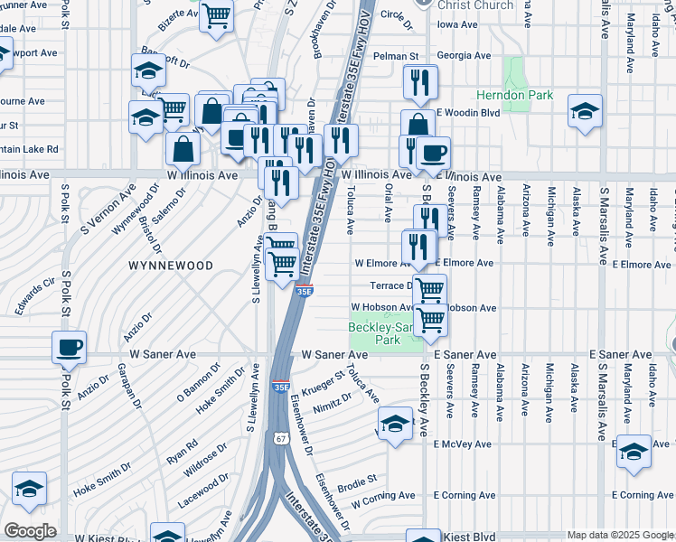 map of restaurants, bars, coffee shops, grocery stores, and more near 238 West Elmore Avenue in Dallas