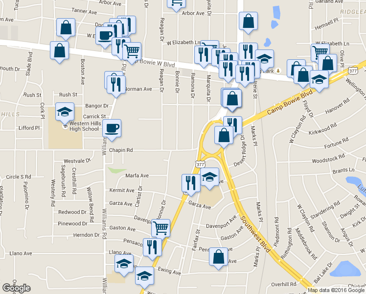 map of restaurants, bars, coffee shops, grocery stores, and more near 7508 Chapin Road in Fort Worth