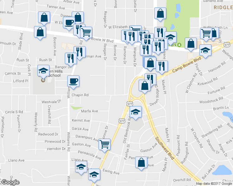 map of restaurants, bars, coffee shops, grocery stores, and more near 7508 Chapin Road in Fort Worth