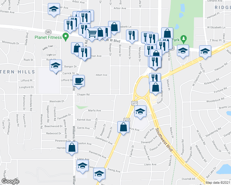 map of restaurants, bars, coffee shops, grocery stores, and more near 3741 Reagan Drive in Fort Worth