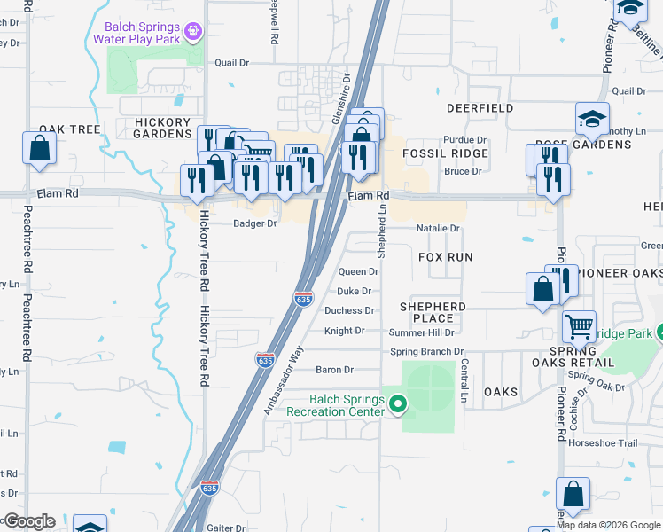 map of restaurants, bars, coffee shops, grocery stores, and more near 3829 Ambassador Way in Balch Springs
