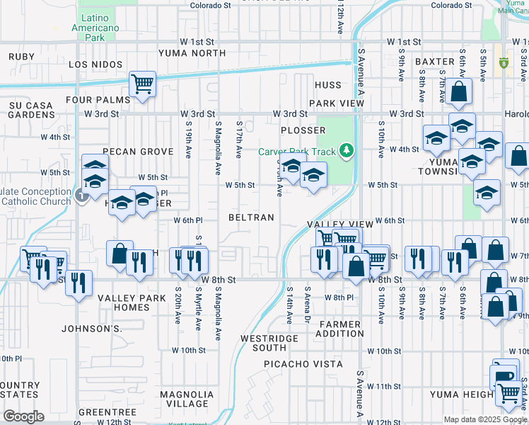 map of restaurants, bars, coffee shops, grocery stores, and more near 601 South 16th Avenue in Yuma
