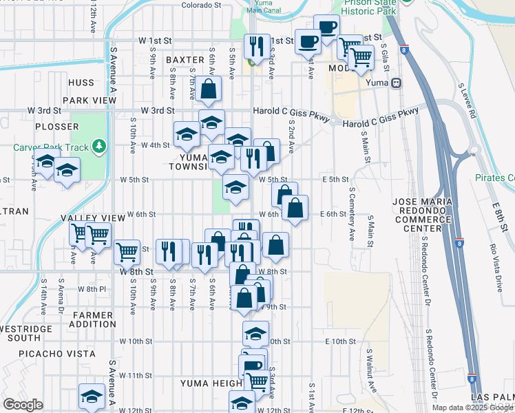 map of restaurants, bars, coffee shops, grocery stores, and more near 577 South 4th Avenue in Yuma