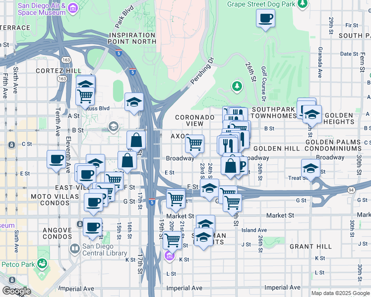map of restaurants, bars, coffee shops, grocery stores, and more near 1055 22nd Street in San Diego