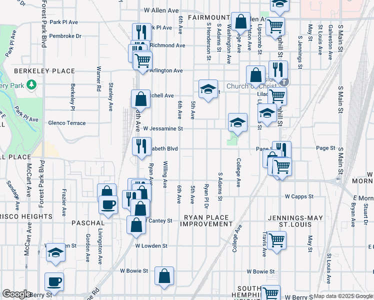 map of restaurants, bars, coffee shops, grocery stores, and more near 1305 Elizabeth Boulevard in Fort Worth