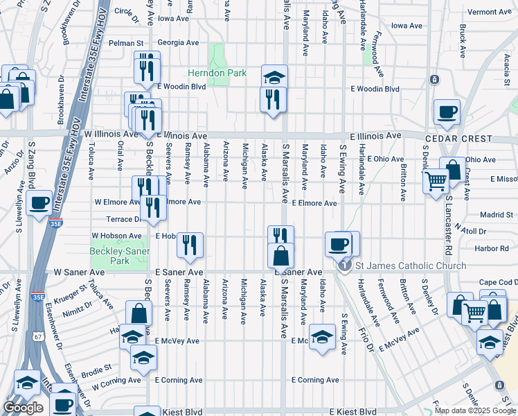 map of restaurants, bars, coffee shops, grocery stores, and more near 2607 Alaska Avenue in Dallas