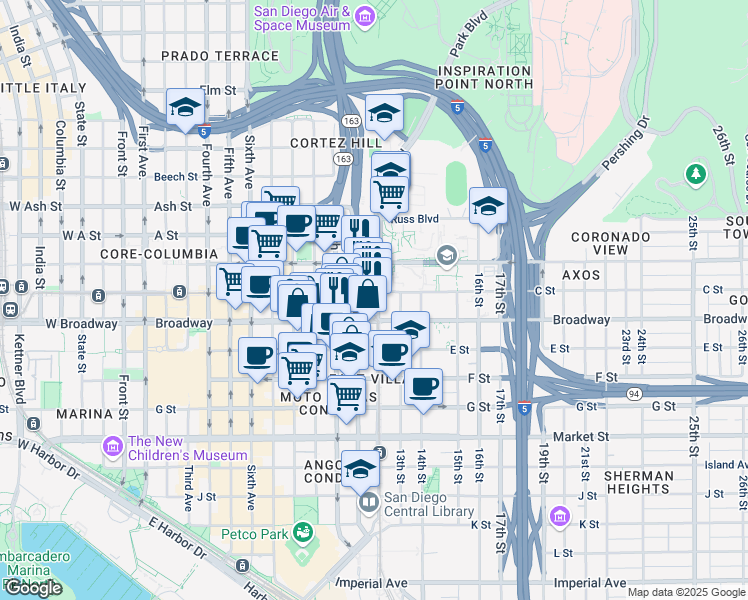 map of restaurants, bars, coffee shops, grocery stores, and more near in San Diego