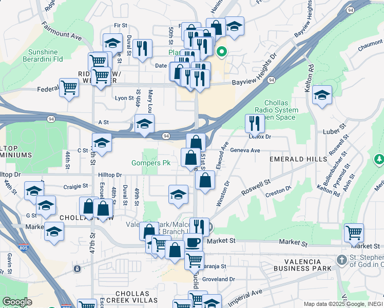 map of restaurants, bars, coffee shops, grocery stores, and more near 5052 Hilltop Drive in San Diego
