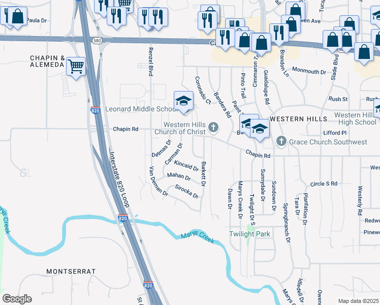 map of restaurants, bars, coffee shops, grocery stores, and more near 3820 Busseron Drive in Benbrook