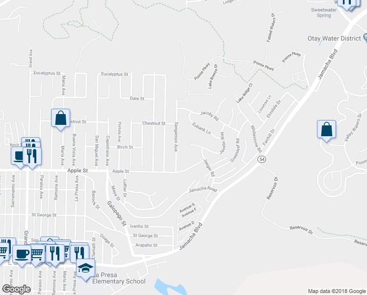 map of restaurants, bars, coffee shops, grocery stores, and more near 9901 Javelin Way in Spring Valley