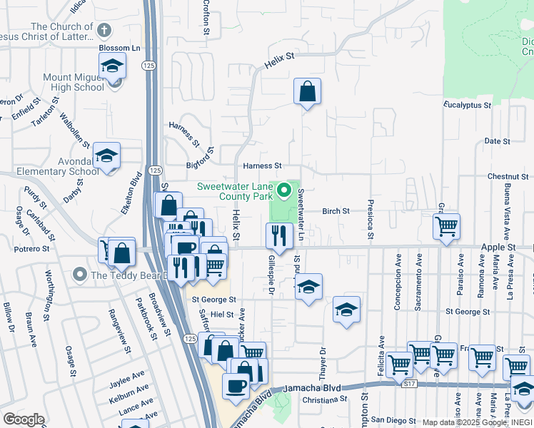 map of restaurants, bars, coffee shops, grocery stores, and more near 1153 Jamacha Lane in Spring Valley