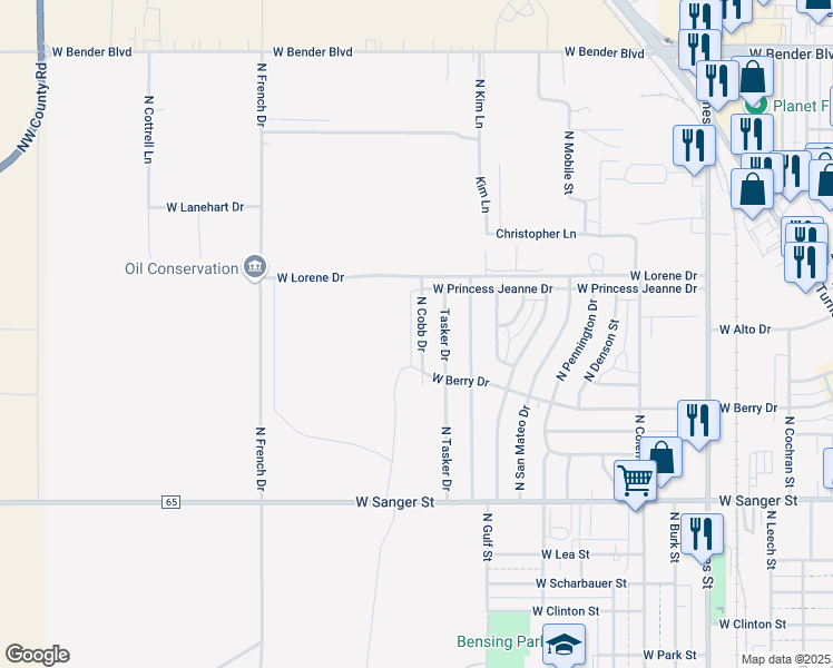 map of restaurants, bars, coffee shops, grocery stores, and more near 1507 North Cobb Drive in Hobbs