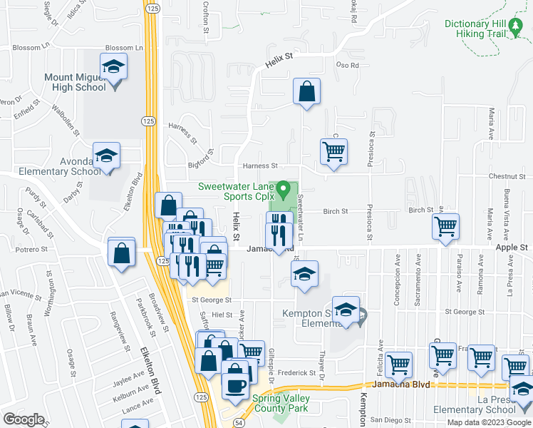 map of restaurants, bars, coffee shops, grocery stores, and more near 1153 Jamacha Lane in Spring Valley