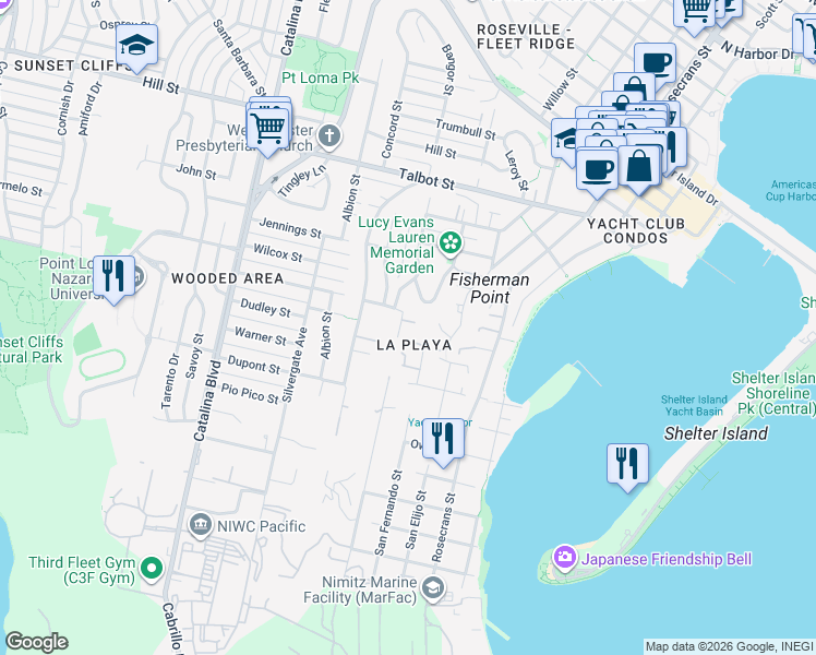 map of restaurants, bars, coffee shops, grocery stores, and more near 751 Bangor Street in San Diego