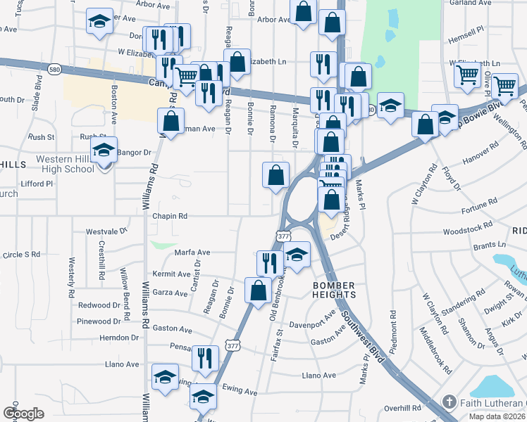 map of restaurants, bars, coffee shops, grocery stores, and more near 7508 Chapin Road in Fort Worth