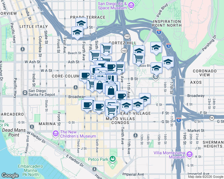 map of restaurants, bars, coffee shops, grocery stores, and more near 815 C Street in San Diego