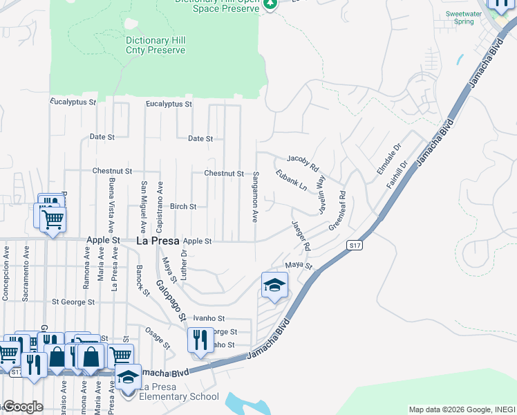 map of restaurants, bars, coffee shops, grocery stores, and more near 9901 Javelin Way in Spring Valley
