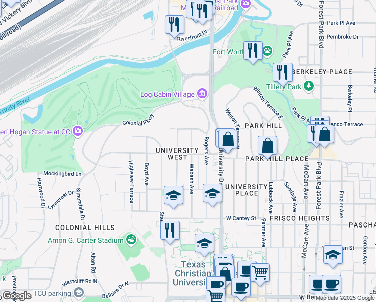 map of restaurants, bars, coffee shops, grocery stores, and more near 2438 Wabash Avenue in Fort Worth