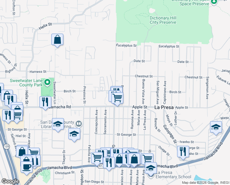 map of restaurants, bars, coffee shops, grocery stores, and more near Grand Avenue in Spring Valley