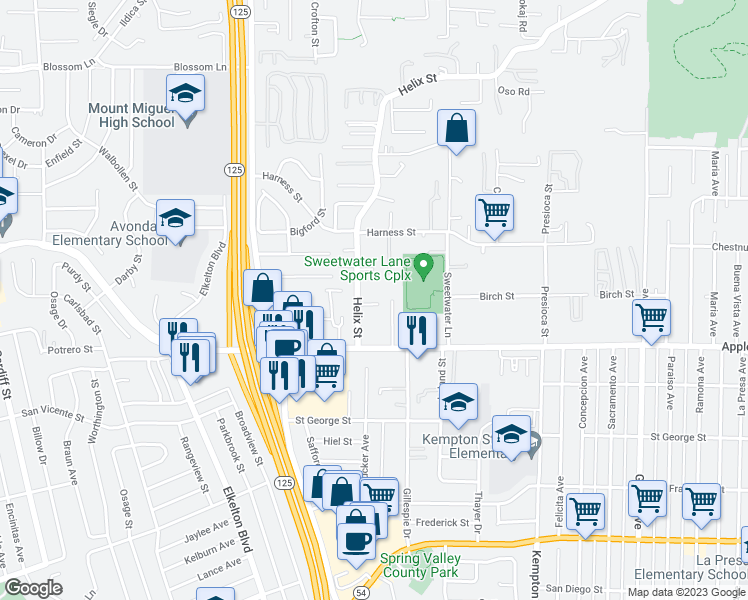map of restaurants, bars, coffee shops, grocery stores, and more near 1227 Helix Street in Spring Valley