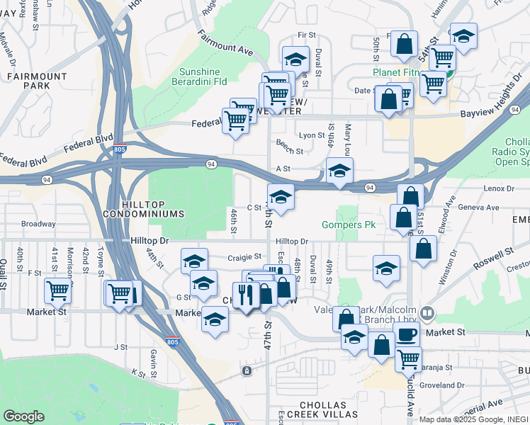 map of restaurants, bars, coffee shops, grocery stores, and more near 1034 47th Street in San Diego