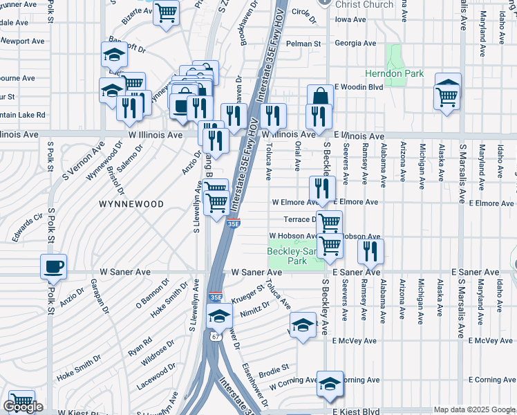 map of restaurants, bars, coffee shops, grocery stores, and more near 238 West Elmore Avenue in Dallas