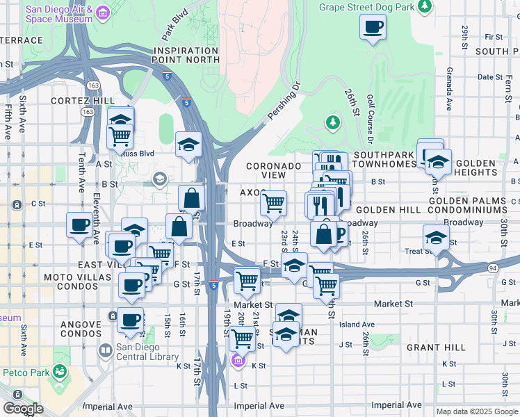 map of restaurants, bars, coffee shops, grocery stores, and more near 1055 21st Street in San Diego