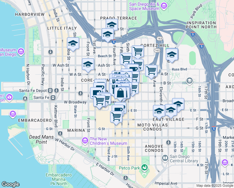 map of restaurants, bars, coffee shops, grocery stores, and more near 427 C Street in San Diego