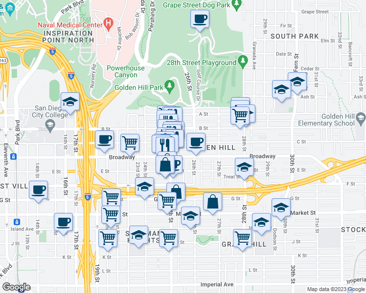 map of restaurants, bars, coffee shops, grocery stores, and more near 2541 C Street in San Diego