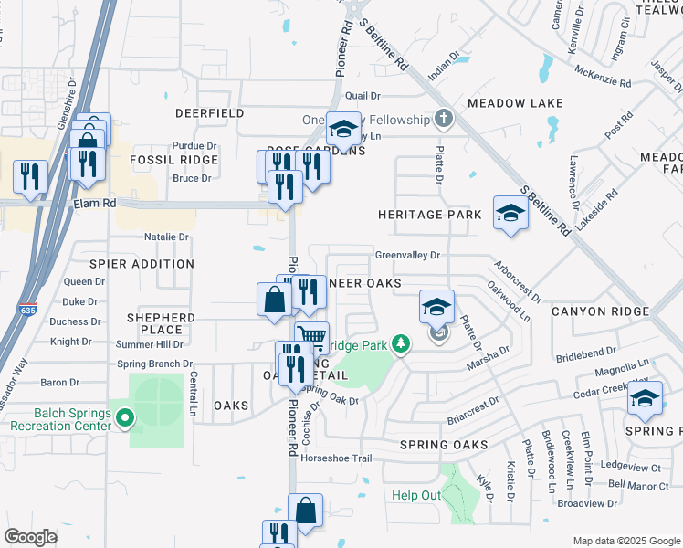 map of restaurants, bars, coffee shops, grocery stores, and more near 107 Rustic Place in Balch Springs