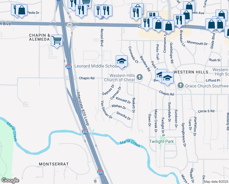 map of restaurants, bars, coffee shops, grocery stores, and more near 3832 Carman Drive in Benbrook