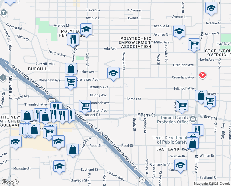 map of restaurants, bars, coffee shops, grocery stores, and more near 3537 Strong Avenue in Fort Worth