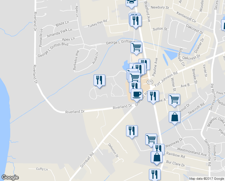 map of restaurants, bars, coffee shops, grocery stores, and more near 7 River Haven Circle in Charleston