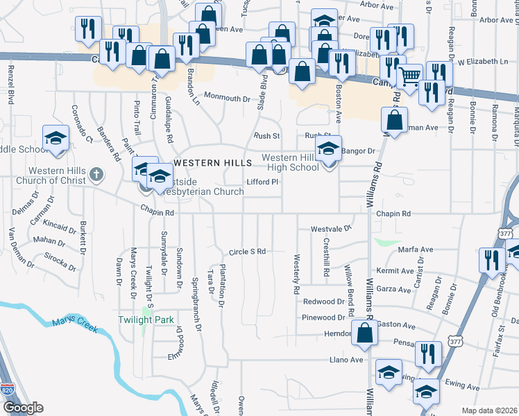map of restaurants, bars, coffee shops, grocery stores, and more near 8266 Chapin Road in Fort Worth